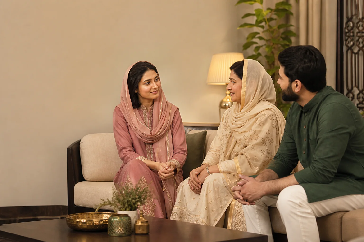 Fictional adult Indian Muslim family in a respectful conversation